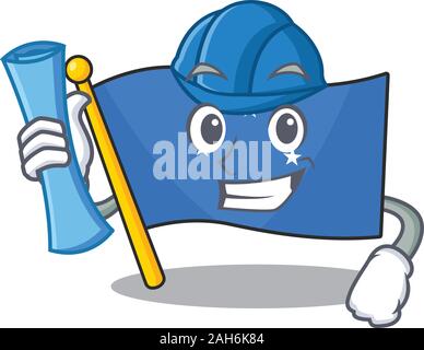 Cheerful Architect flag micronesia Scroll with blue prints and blue helmet Stock Vector
