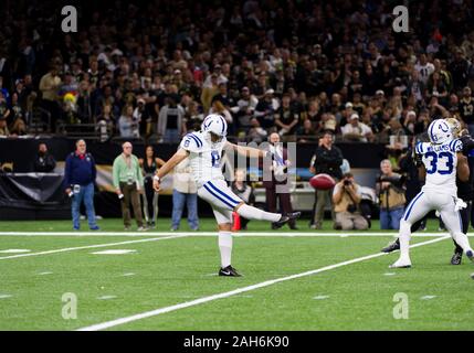 New Orleans, LA, USA. 16th Dec, 2019. Indianapolis Colts punter Rigoberto Sanchez (8) punts the ball during the 1st half of the NFL game between the New Orleans Saints and the New Orleans Saints at the Mercedes Benz Superdome in New Orleans, LA. Matthew Lynch/CSM/Alamy Live News Stock Photo