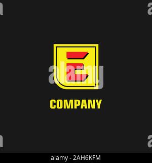 Letter E Alphabetic Logo Design Template, Black, Box, Rectangle, Square Logo Concept, Red, Yellow, Black Background, Simple & Clean, Strong And Bold Stock Vector