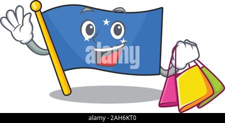 Happy face flag micronesia Scroll mascot style waving and holding Shopping bag Stock Vector