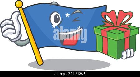 happy face flag micronesia Scroll character with gift box Stock Vector