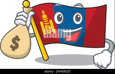 Smiley flag mongolia Scroll cartoon character with money bag Stock Vector