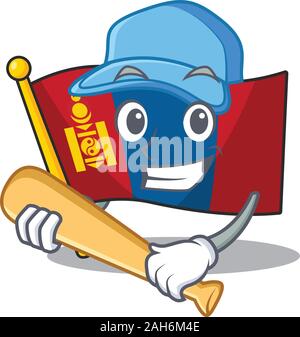 Cool flag mongolia Scroll cartoon character design with baseball Stock Vector