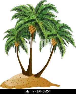 Small cartoon island and three palm trees over white background. Stock Vector