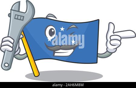 Cool Mechanic flag micronesia Scroll cartoon character design Stock Vector