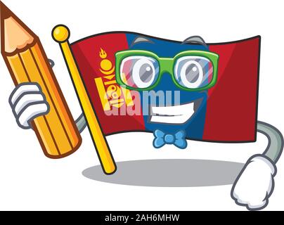 Cool smart Student flag mongolia Scroll character holding pencil Stock Vector
