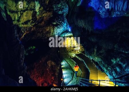 Big Azish cave in russia. View over cave interior. Big concert hall. Stock Photo