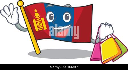 Happy face flag mongolia Scroll mascot style waving and holding Shopping bag Stock Vector