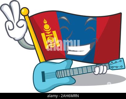 Supper cool flag mongolia Scroll cartoon performance with guitar Stock Vector