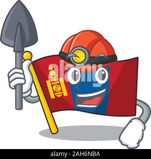 Cool confident Miner flag mongolia Scroll cartoon character design Stock Vector