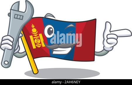 Cool Mechanic flag mongolia Scroll cartoon character design Stock Vector