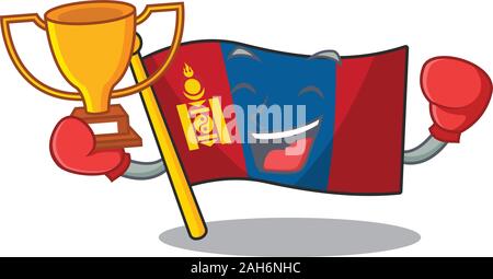 Super cool Boxing winner flag mongolia Scroll in mascot cartoon design Stock Vector
