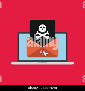 Laptop and envelope with skull and crossbones. virus concept. vector Stock Vector