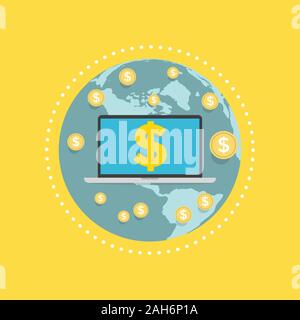 Laptop screen with the dollar sign on globe. Stock Vector