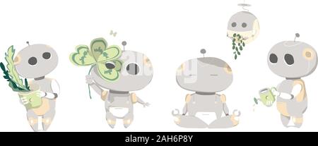 Set of cute flat robots. Modern illustration. Cartoon clip art robots with plant, meditation. Android watch and take care of plants, help with flowers Stock Vector
