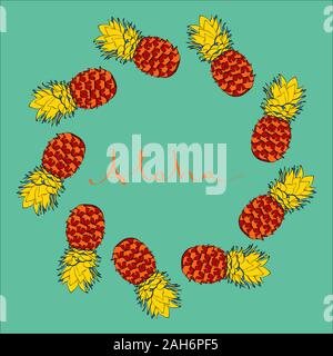 Ink coloured pineapple vector frame on blue Stock Vector