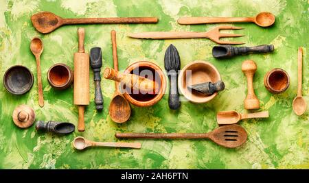 Concept of wooden rustic kitchenware utensils.Cutlery set Stock Photo