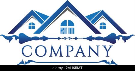 Blue Floral House Real Estate Logo Design Template, Construction Company, House Icon, Rounded Window Shape, Roof Top, Home Builders, Vector EPS 10 Stock Vector