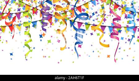 vector illustration of seamless colored confetti, garlands and streamers on white background for party or carnival usage Stock Vector