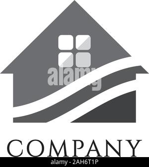 Abstract House Real Estate Logo Design Template, Home Builders Company, Construction, Roof House Illustrated, Rounded Square Window Shape, Wave Elemen Stock Vector