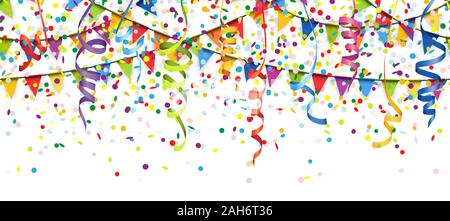 vector illustration of seamless silver colored confetti, garlands and  streamers on white background for party or carnival usage