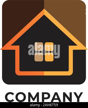 Abstract House Real Estate Logo Design Template,  Home Builders Company, Construction, House Icon, Rounded Square Window Shape, Roof,Brown, Gold Stock Vector