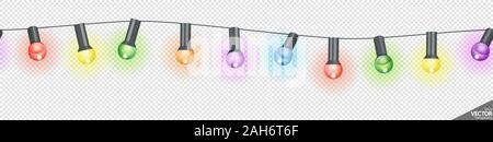 illustration of seamless light bulbs string with different colors with transparency in vector file Stock Vector