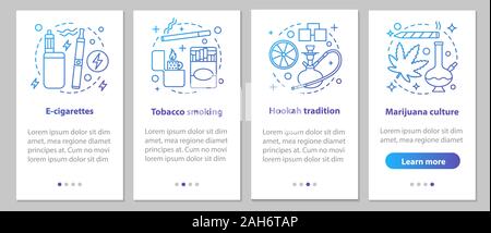 Smoking onboarding mobile app page screen with linear concepts. Marijuana culture, smoking, e-cigarettes, hookah tradition steps graphic instructions. Stock Vector