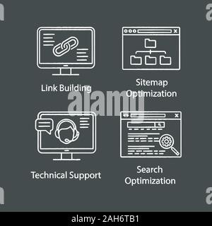 SEO chalk icons set. Link building, sitemap optimization, technical support, search optimization. Isolated vector chalkboard illustrations Stock Vector