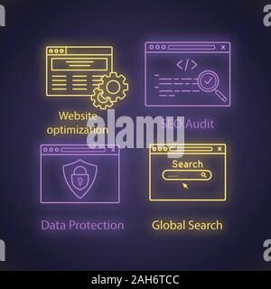 SEO neon light icons set. Website optimization, SEO audit, data protection, global search. Glowing signs. Vector isolated illustrations Stock Vector
