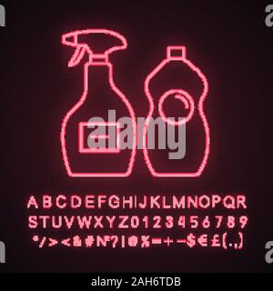 Cleaning chemicals neon light icon. Window cleaner, dishwash liquid. Products for bathroom, kitchen, toilet. Tile, shower tub cleaner. Glowing alphabe Stock Vector