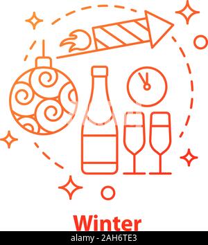 Winter holidays concept icon. New Year celebration idea thin line illustration. Champagne, fireworks, party decor. Vector isolated outline drawing Stock Vector