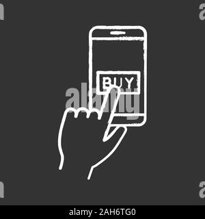 Online payment per click chalk icon. E-payment. Digital purchase. Cashless payments smartphone app. Hand pressing pay button. Isolated vector chalkboa Stock Vector