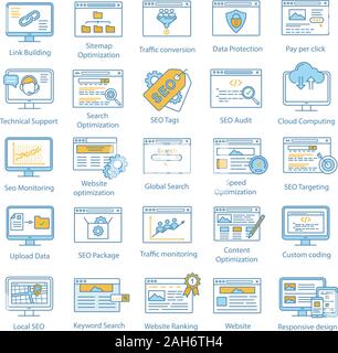SEO color icons set. Search engine optimization. Internet marketing. Increasing web traffic and lead generation strategies. Website ranking. Isolated Stock Vector