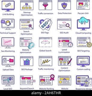 SEO color icons set. Search engine optimization. Internet marketing. Increasing web traffic and lead generation strategies. Website ranking. Isolated Stock Vector