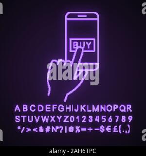 Online payment per click neon light icon. E-payment. Digital purchase. Cashless payments smartphone app. Hand pressing pay button. Glowing sign with a Stock Vector