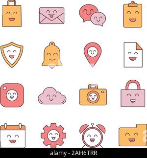 Smiling items color icons set. Characters. Emoji, emoticons. Happy shopping bag, mail, speech bubble, clipboard, shield, bell, map pin, file, cloud, p Stock Vector