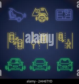 Autonomous car neon light icons set. Self-driving automobile. Sensors, video camera detecting road signs, pedestrians, other vehicles. Glowing signs. Stock Vector
