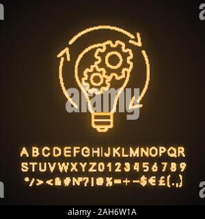 Idea generation neon light icon. Startup development. New business concept. Innovations. Light bulb with cogwheels and circle arrow. Glowing sign with Stock Vector