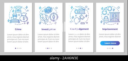 Law enforcement onboarding mobile app page screen with linear concepts. Crime, investigation, court judgement, imprisonment steps graphic instructions Stock Vector