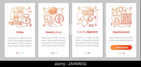Law enforcement onboarding mobile app page screen with linear concepts. Crime, investigation, court judgement, imprisonment steps graphic instructions Stock Vector