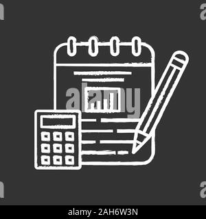 Financial planning chalk icon. Budgeting. Funding and financing. Financial accounting and bookkeeping. Cost calculation. Calculator, notepad and penci Stock Vector