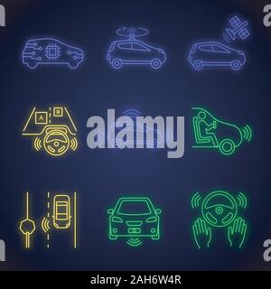 Autonomous car neon light icons set. Self-driving automobile, LIDAR, satellite control. Sensors detecting road signs, other vehicles, pedestrians. Glo Stock Vector