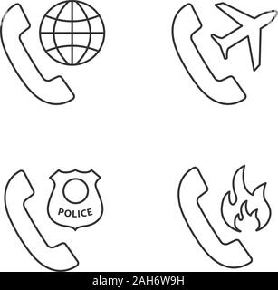 Phone services linear icons set. Roaming, calls abroad, hotline support, call the police. Thin line contour symbols. Isolated vector outline illustrat Stock Vector