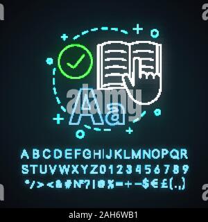 Reading neon light concept icon. Basic language skills idea. Literacy. Literature. Learning process. Education. Glowing sign with alphabet, numbers an Stock Vector