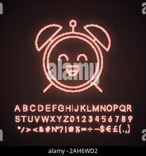 Smiling alarm clock neon light icon. Good morning. Happy morning. Emoji, emoticon. Glowing sign with alphabet, numbers and symbols. Vector isolated il Stock Vector