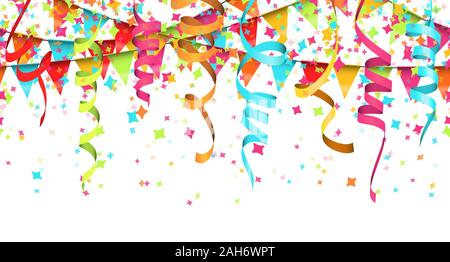 vector illustration of seamless colored confetti, garlands and streamers on white background for party or carnival usage Stock Vector