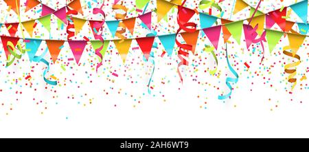 vector illustration of seamless colored confetti, garlands and streamers on white background for party or carnival usage Stock Vector
