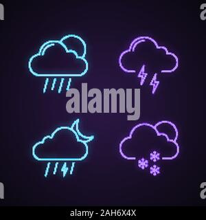 Weather forecast neon light icons set. Scattered shower, thunderstorm, night storm, light snow. Glowing signs. Vector isolated illustrations Stock Vector