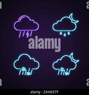 Weather forecast neon light icons set. Thunderstorm, drizzle rain at night, sleet weather, wet snow. Glowing signs. Vector isolated illustrations Stock Vector